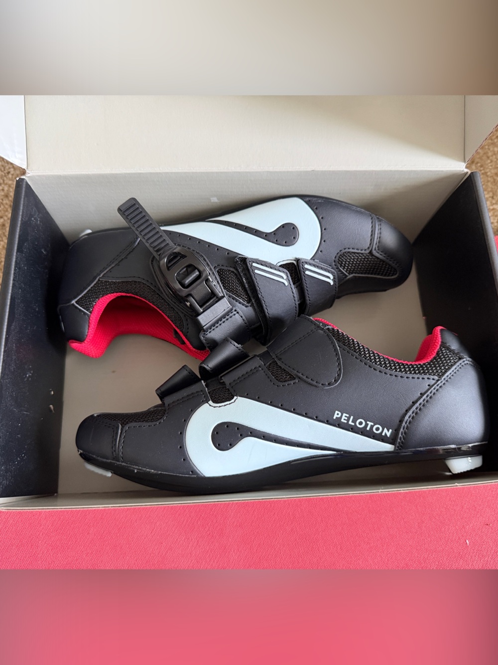 Peloton Black Cycling Shoes with White Panels and Red Lining